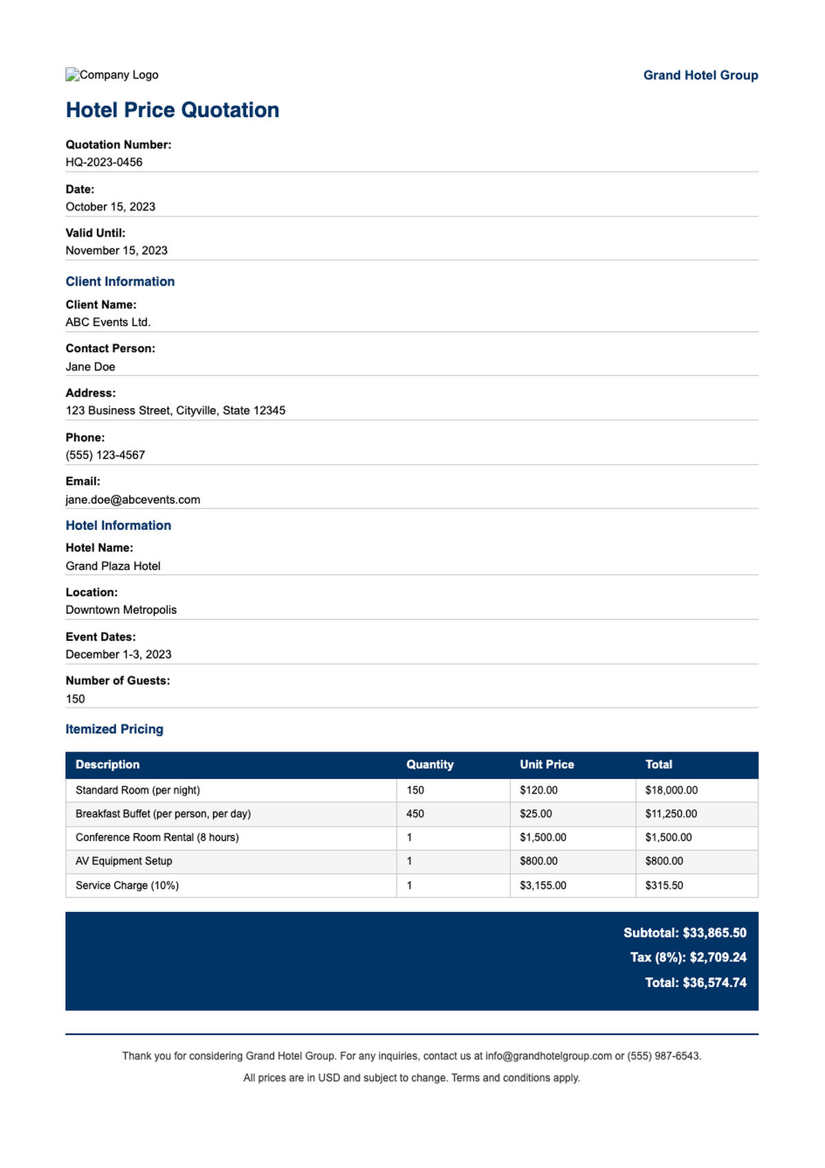 Professional hotel price quote template with blue header and itemized pricing_variant_1